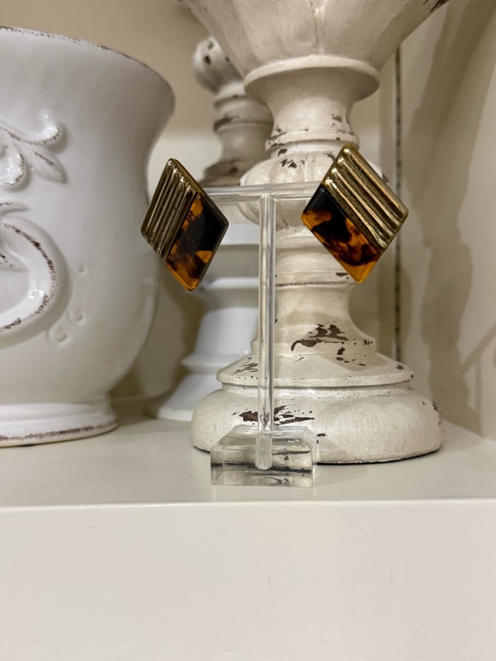 Vintage Plastic Tortoise Shell Diamond Shape Earrings with Gold Accents - Picture 4 of 9